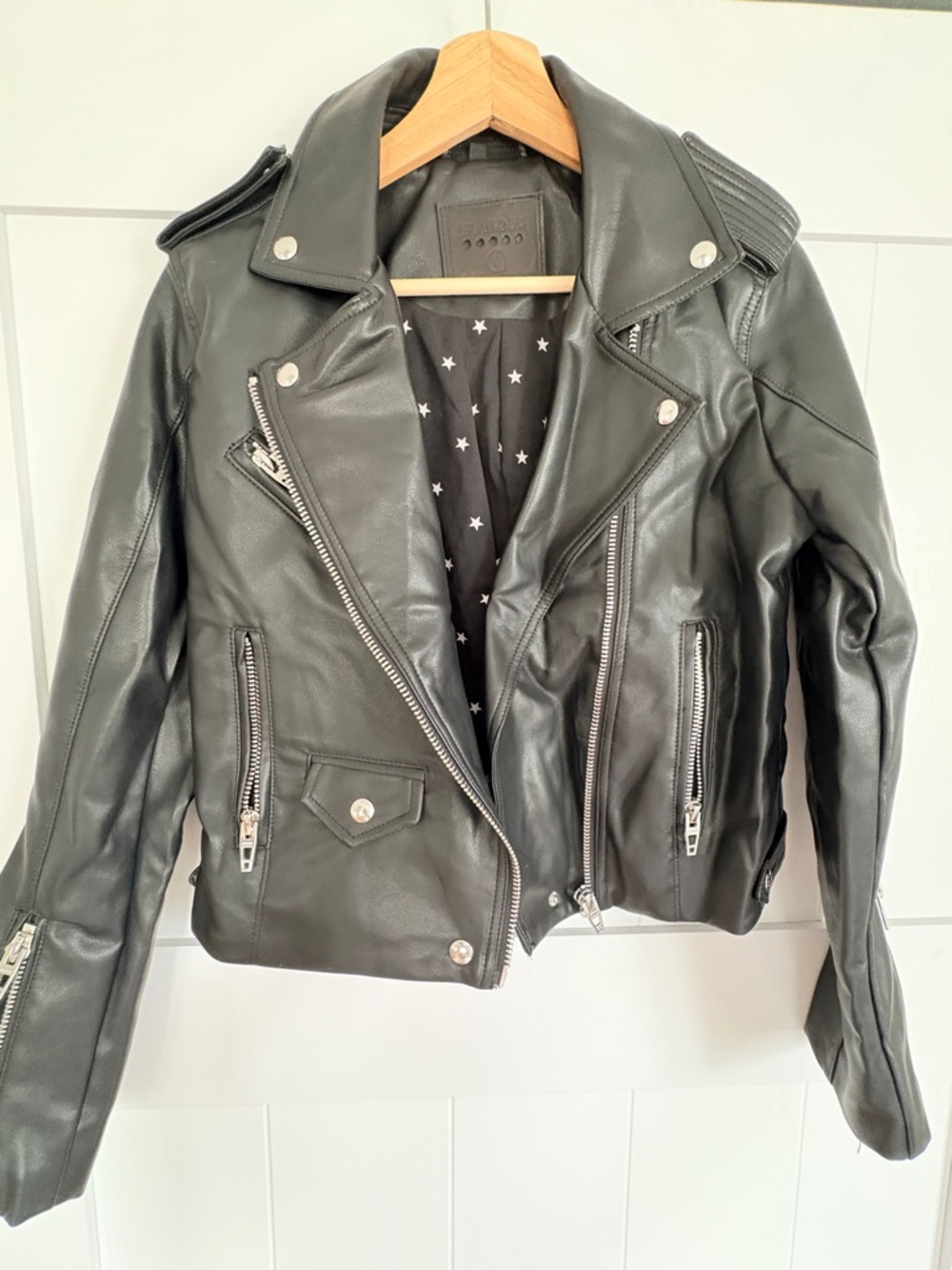 Blank NYC Black  Vegan Leather Moto Jacket with Star Lining